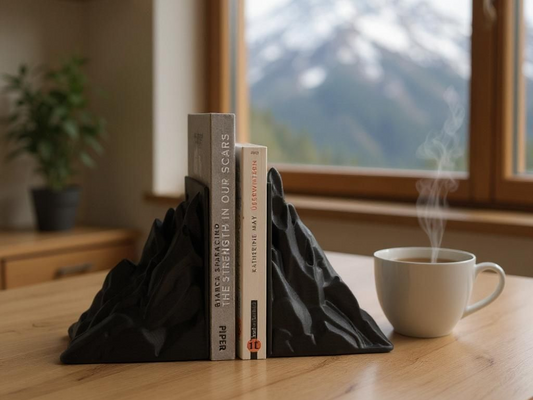 Atemberaubendes, minimalistisches Buchstützen-Set mit Bergmotiv